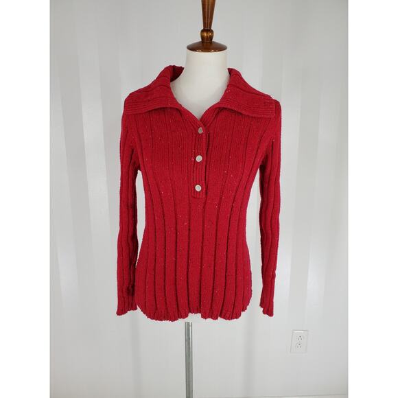 LIZ CLAIBORNE Women's Red w/ White & Black Flecks Quarter Button Sweater Sz L - Picture 1 of 8